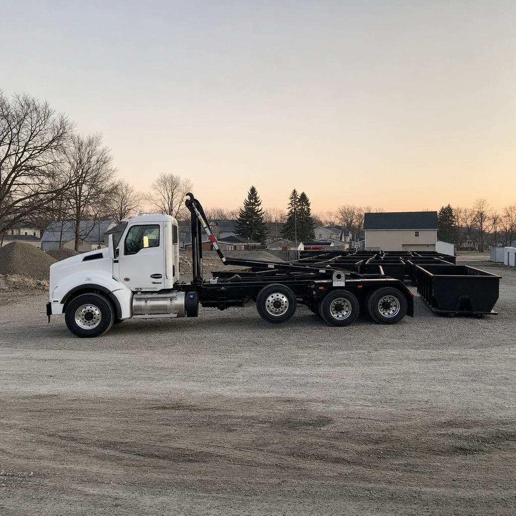A clean roll-off truck yard at dawn with matte-black ribbed-steel dumpsters lined up on the gravel lot, hooklift truck cab in bright white, daylight documentary perspective.