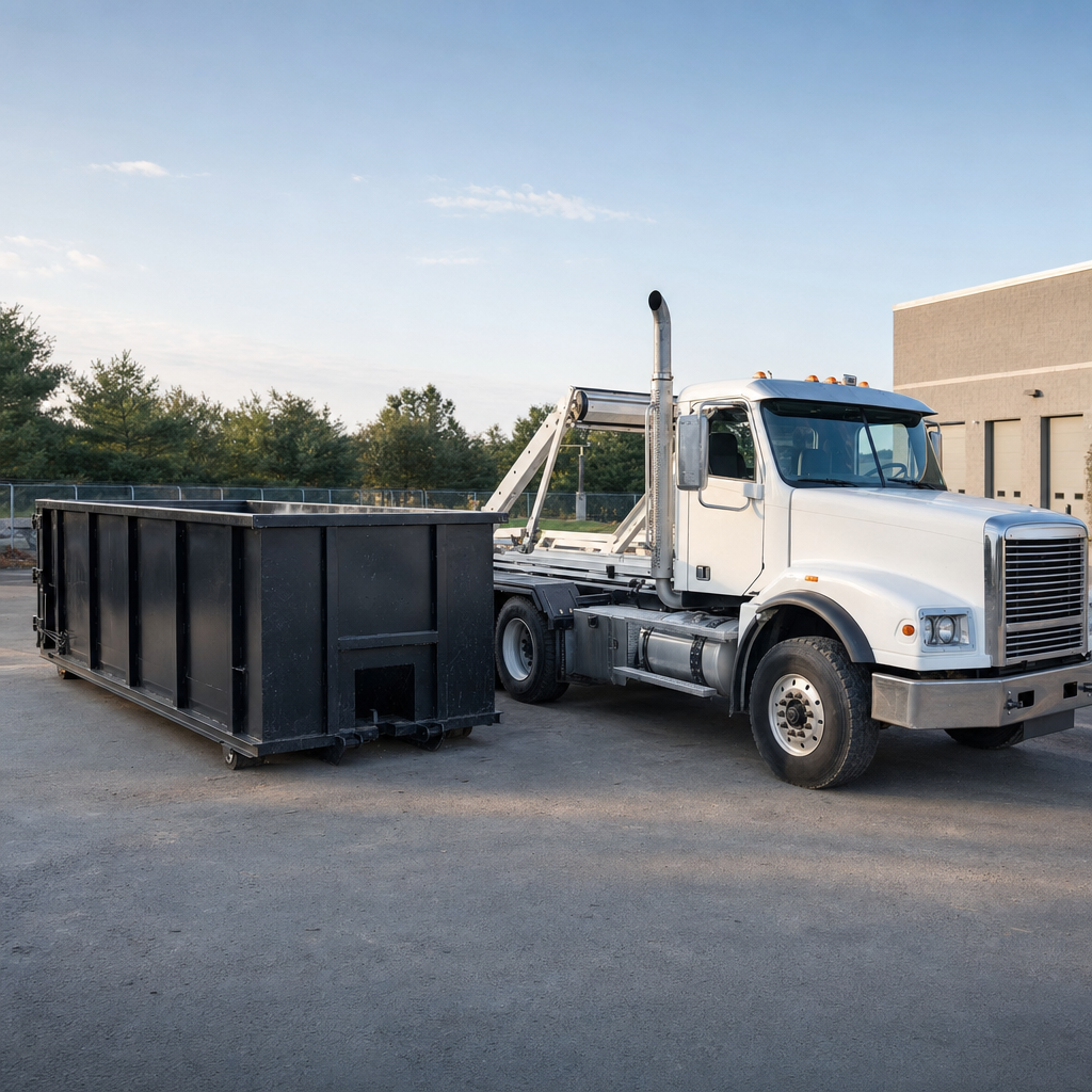 A matte-black roll-off dumpster parked beside a clean white service truck at a contractor company yard, morning light, calm and unhurried documentary tone — an honest portrait of a working local fleet.
