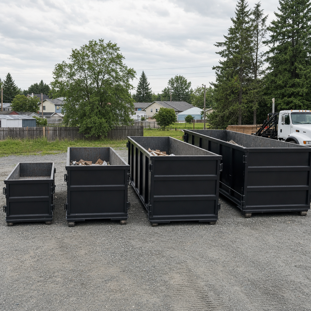 A row of four matte-black roll-off dumpsters in different sizes (10, 20, 30, 40 yard) lined up on a clean gravel yard with a hooklift truck in the background, bright daylight documentary perspective.