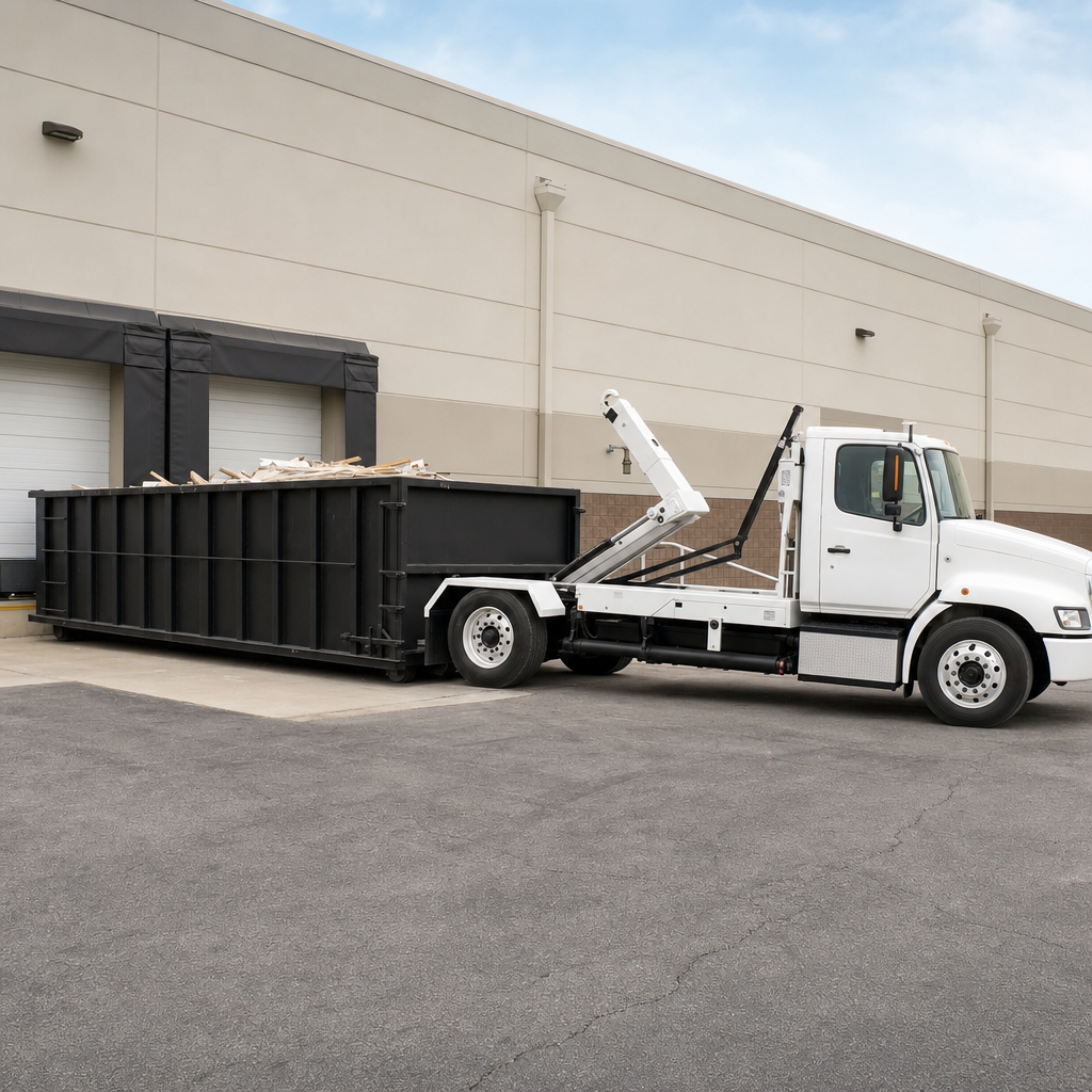 Matte-black 30-yard roll-off dumpster staged behind a retail center loading dock under bright morning daylight, white-cab hooklift truck parked alongside, clean asphalt yard, documentary perspective