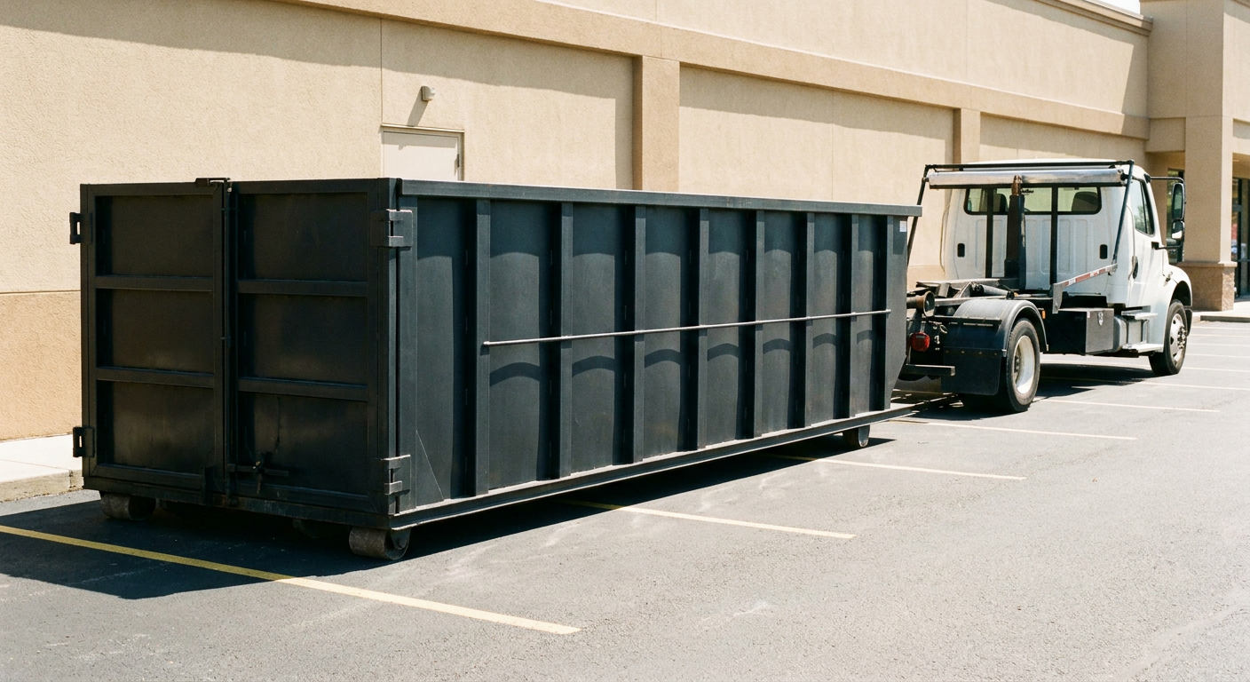 Matte-black 20-yard roll-off dumpster positioned behind a small retail strip directly on the asphalt parking lot, clean parking area, bright daylight.