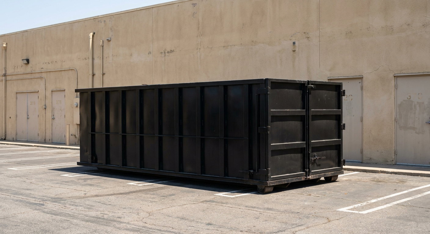 Matte-black 30-yard roll-off dumpster at a multi-tenant retail center service area, sitting directly on the asphalt parking lot, ribbed steel sides, swing doors closed, daylight.