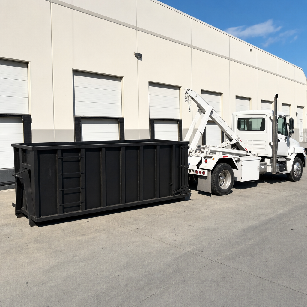 Matte-black 40-yard roll-off dumpster at a warehouse loading dock, steel rollers visible, white-cab hooklift truck nearby, clean industrial setting