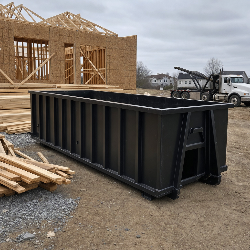 Matte-black 40-yard roll-off dumpster staged on a framed-out residential construction site in Port Arthur, framing lumber stacked nearby, hooklift delivery truck visible in the background under bright Colorado daylight