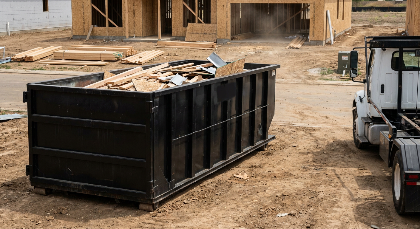 Matte-black 20-yard roll-off construction dumpster with heavy ribbed steel sidewalls and swing rear doors at a working jobsite in Port Arthur, sitting directly on compacted dirt with an unmarked white hauler partially visible at the far edge of the frame.