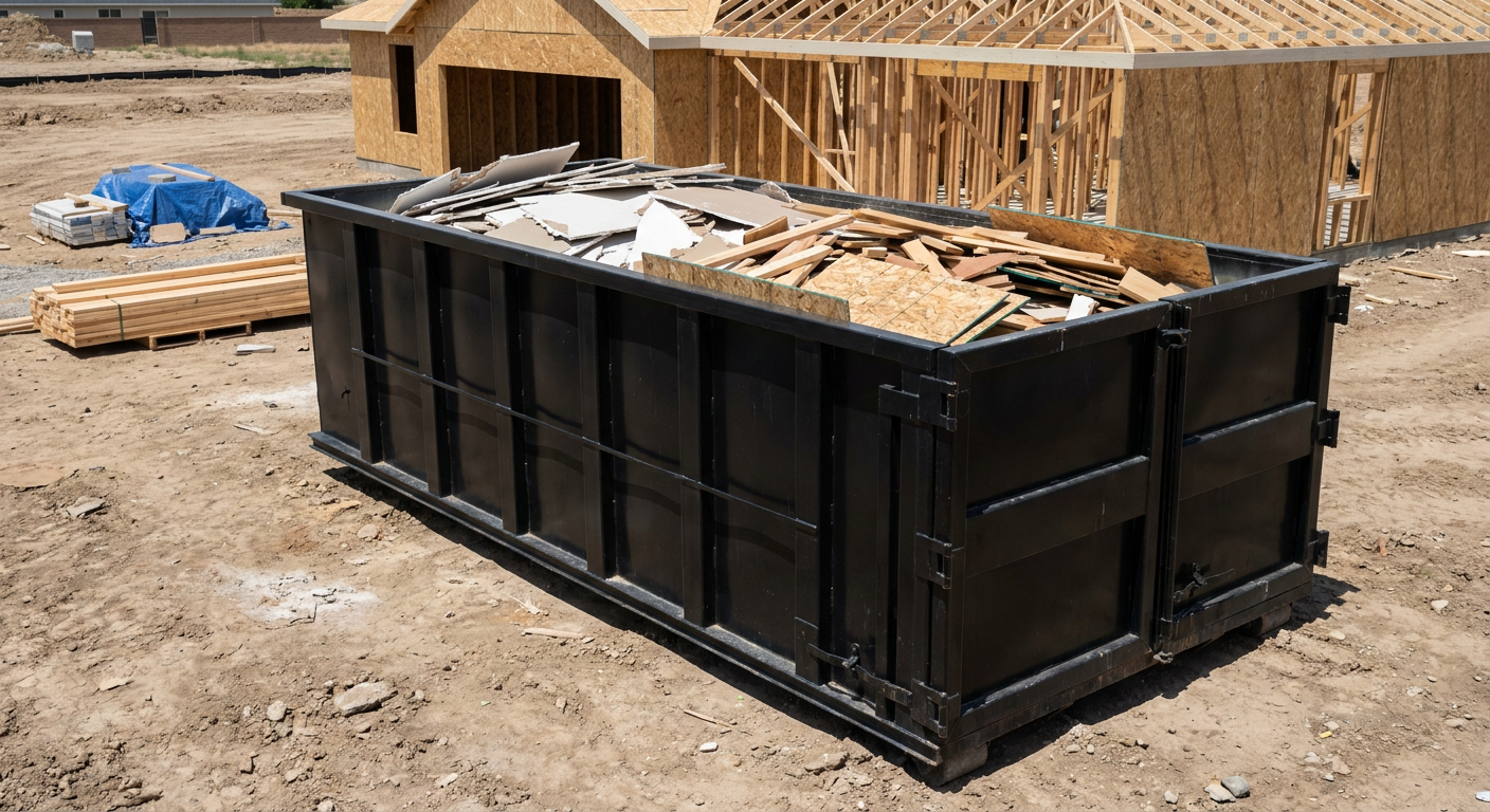 Matte-black 30-yard roll-off construction dumpster sitting directly on the compacted-dirt site of a framed single-family home build in Port Arthur, drywall and lumber scrap loaded inside.