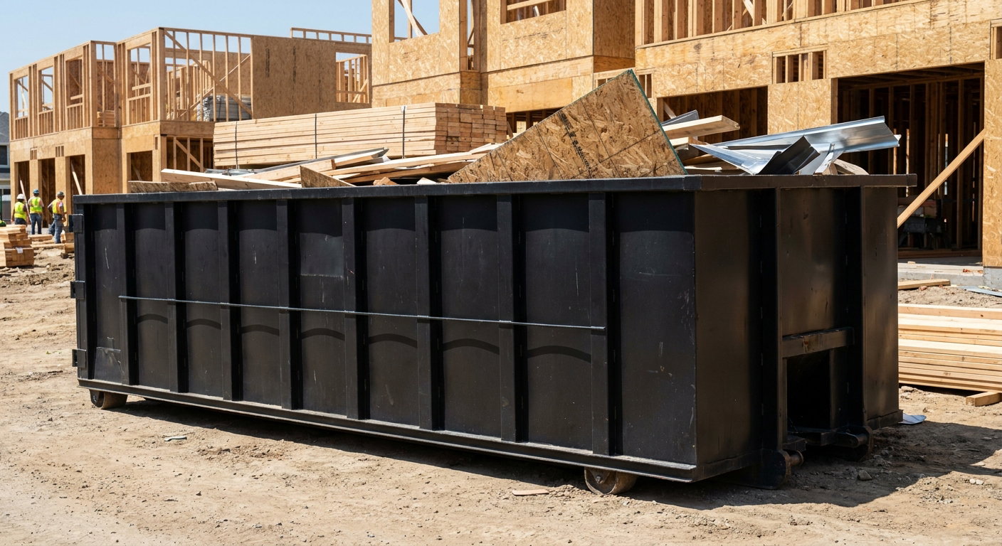 Matte-black 40-yard roll-off construction dumpster being lowered from a white-cab hooklift delivery truck onto the compacted-dirt jobsite at a commercial build site in Port Arthur