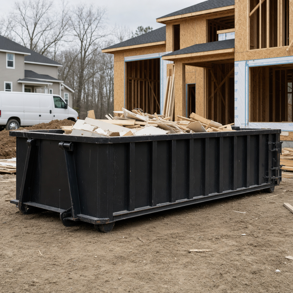 Worker in a yellow high-visibility vest tossing framing lumber and broken drywall into a matte-black 30-yard construction roll-off dumpster on an active build site in Port Arthur, bright daylight