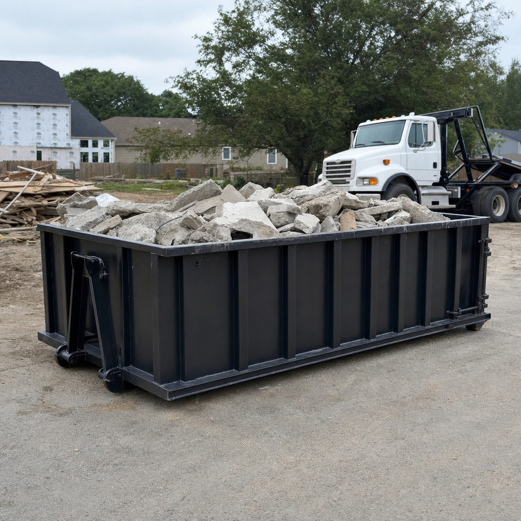 Low-profile matte-black lowboy roll-off dumpster loaded with broken concrete slab and rebar at a foundation tear-out in Port Arthur, skid steer parked beside it, sunny Colorado morning