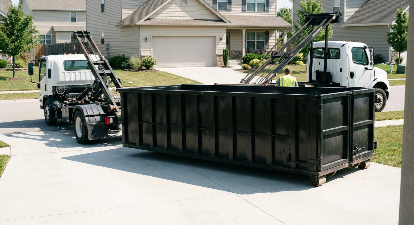 Roll-off delivery driver lowering a matte-black dumpster onto a clean residential concrete driveway from an unmarked white hooklift truck, bright natural daylight, documentary 35mm perspective.