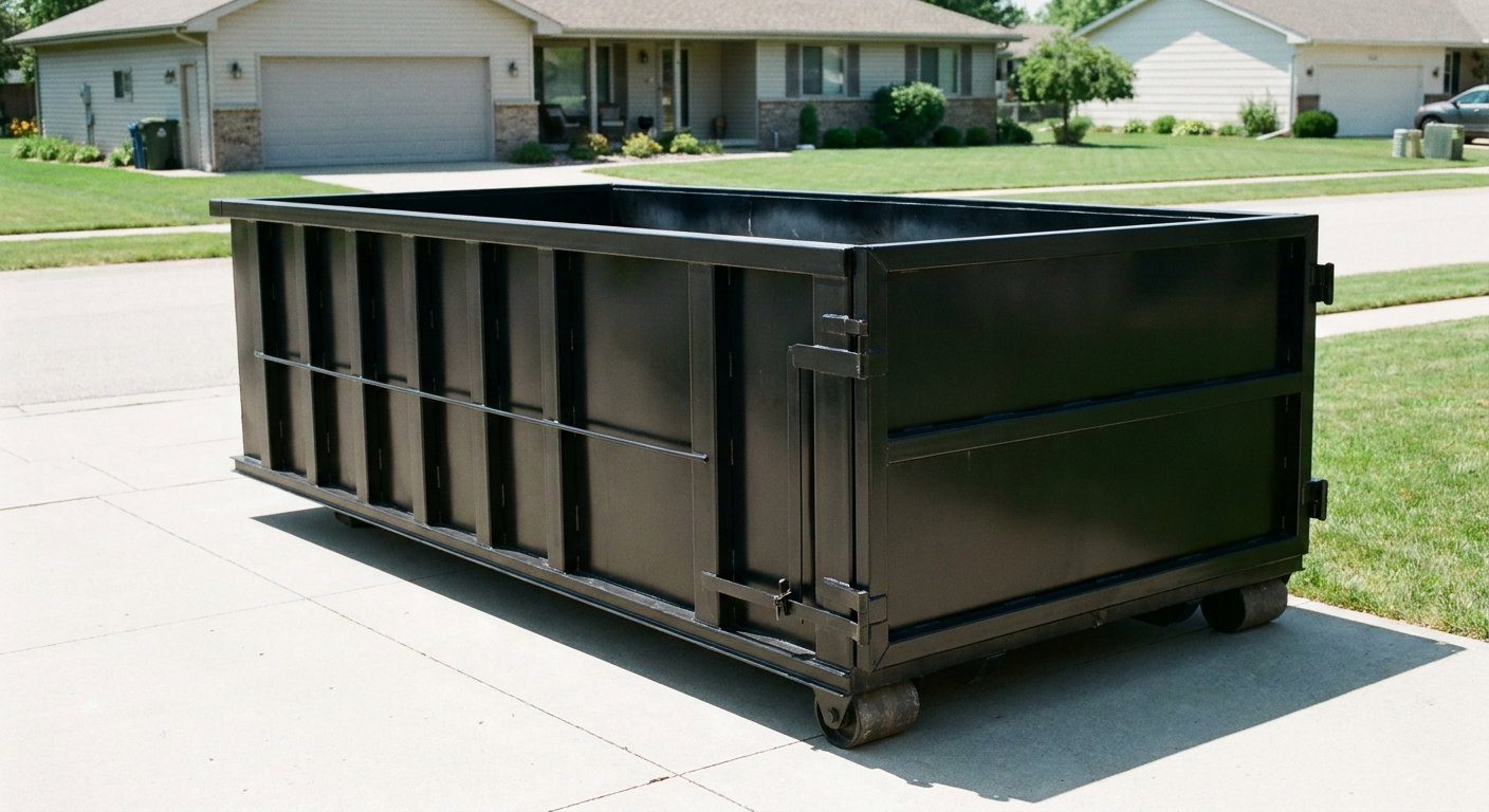 Matte-black 10-yard roll-off dumpster on a residential concrete driveway in Port Arthur, uniformly painted matte black across every panel and rail, ribbed steel sidewalls and rear swing door visible, mid-day daylight.