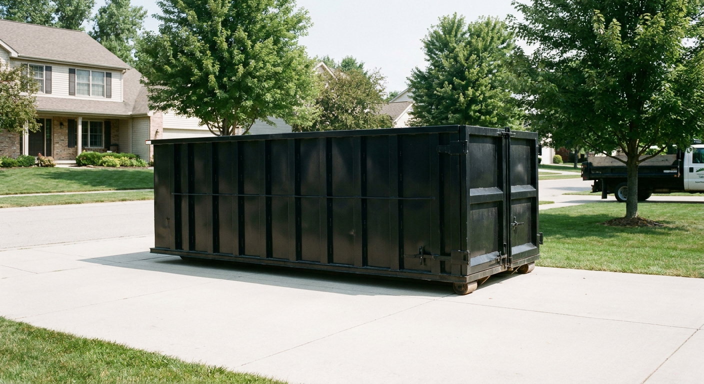 Matte-black 20-yard roll-off dumpster sitting level on a clean Port Arthur residential concrete driveway under bright daylight, demonstrating clean placement directly on the concrete.