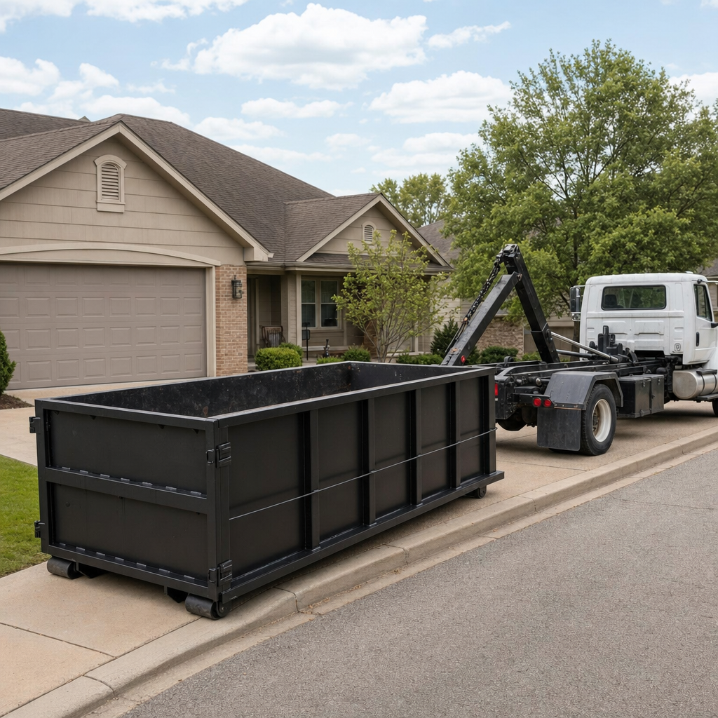 Wide documentary shot of a matte-black roll-off dumpster on a Port Arthur residential driveway in the foreground and a contractor jobsite container in the soft-focus background, bright daylight, calm and orderly composition.