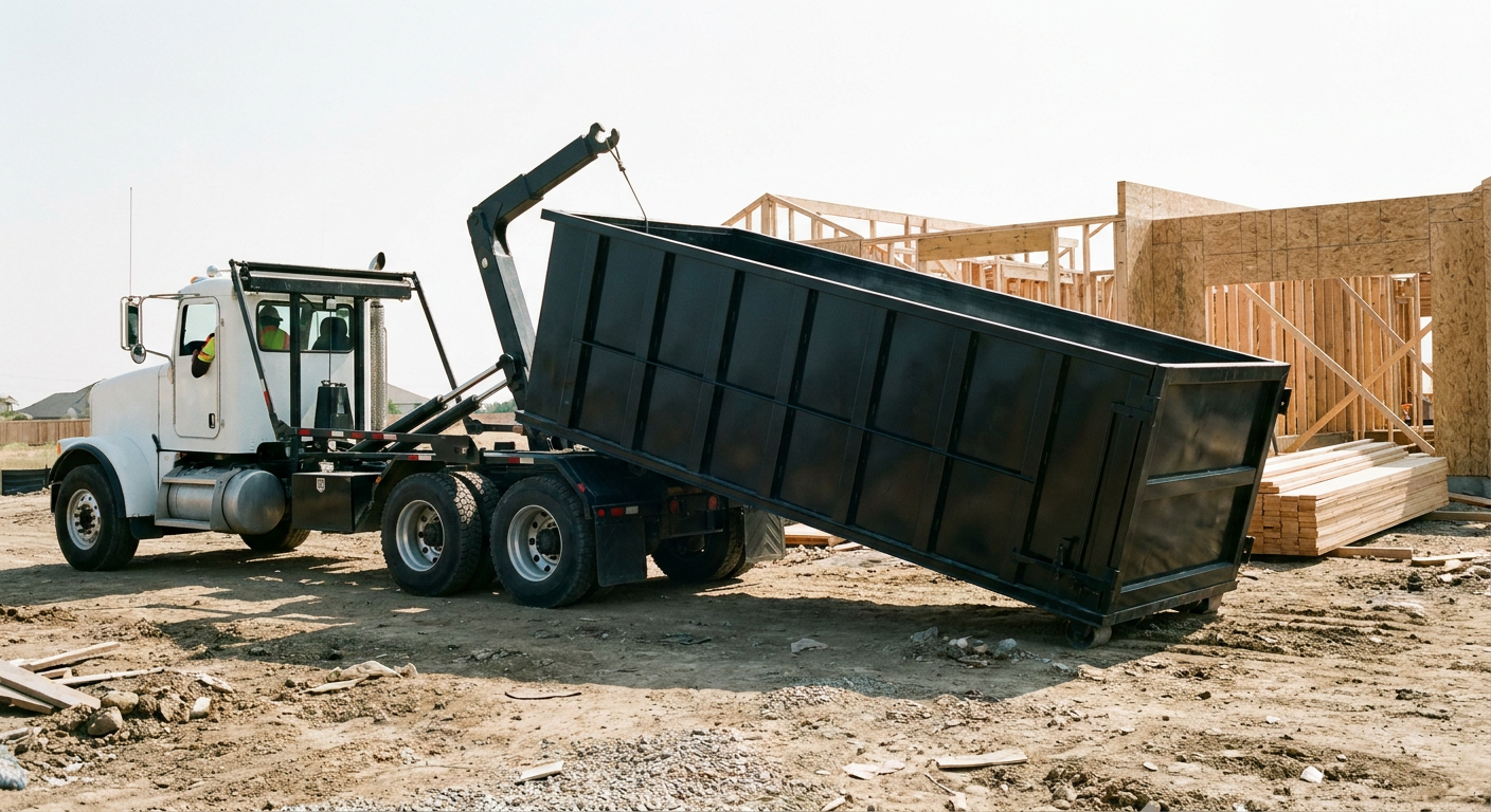 Matte-black roll-off dumpster being delivered onto a clean residential concrete driveway in Port Arthur by an unmarked white hooklift hauler truck, bright morning daylight, documentary 35mm perspective.