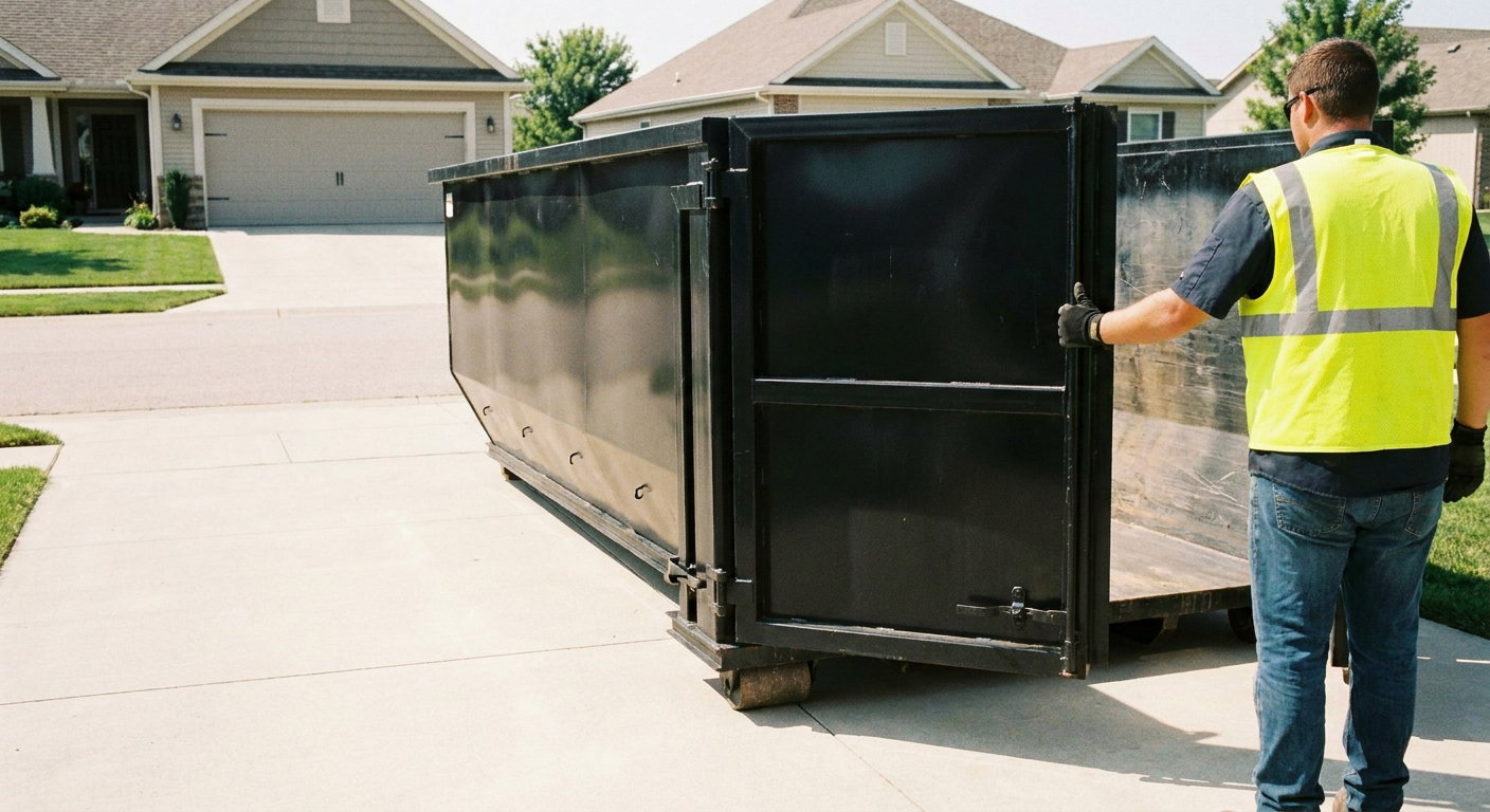 A delivery crew member in a high-visibility vest opening the rear swing door of a matte-black roll-off dumpster sitting directly on a clean residential concrete driveway, organized residential scene with no other vehicles in frame.