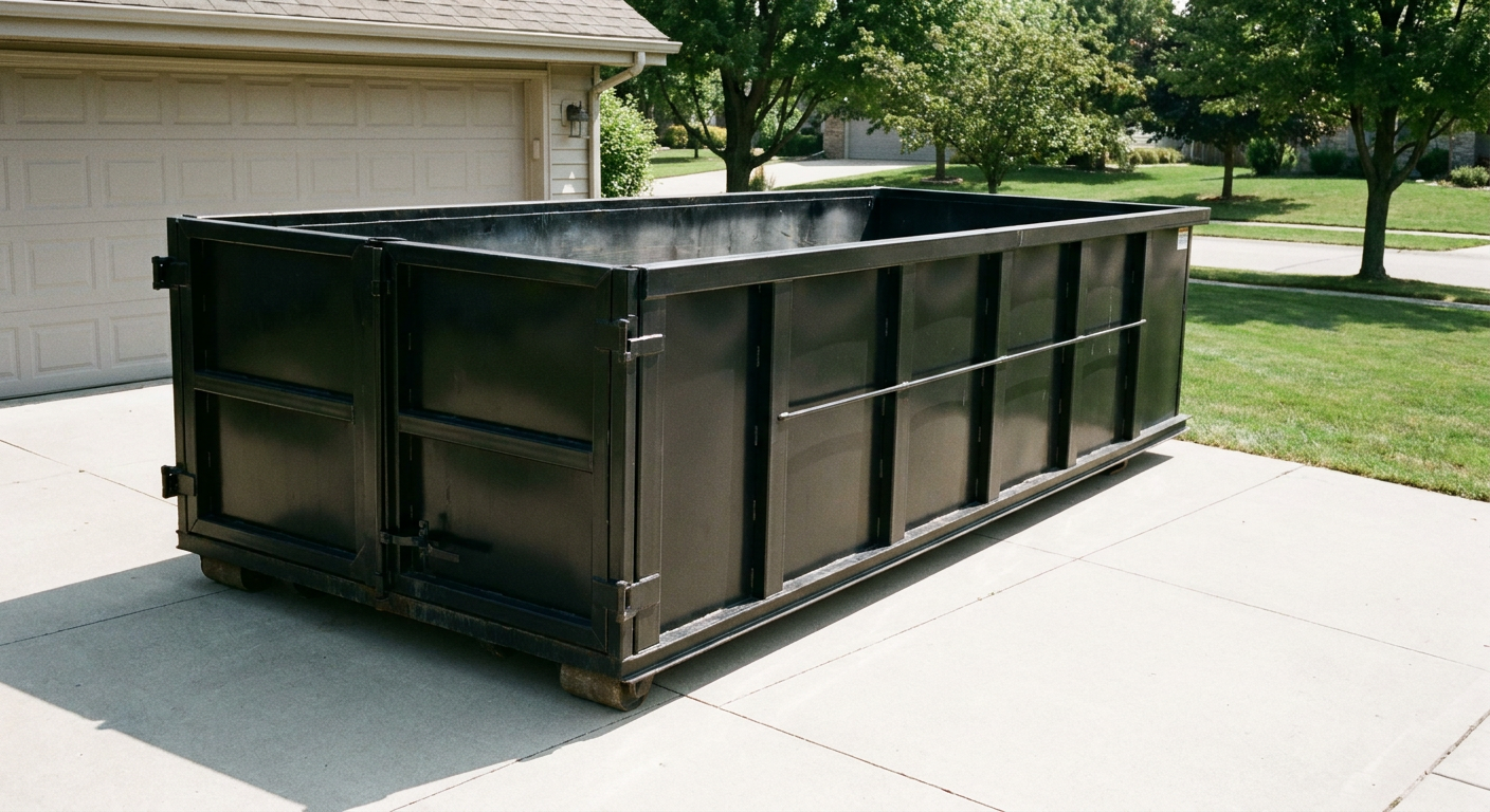 Matte-black roll-off dumpster sitting directly on a clean residential concrete driveway under bright daylight, documentary 35mm perspective.
