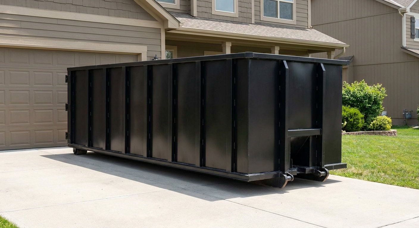 Matte-black residential roll-off dumpster sitting directly on a suburban Port Arthur concrete driveway, garage door closed, single-family home in background, bright morning daylight.