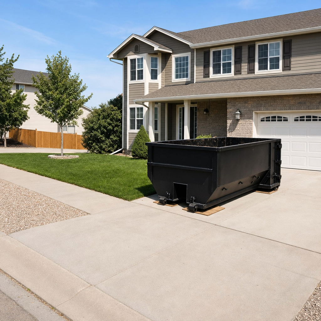 10-yard matte-black residential dumpster placed directly on a narrow Port Arthur concrete driveway, room remains for a parked sedan beside it, mid-morning natural light