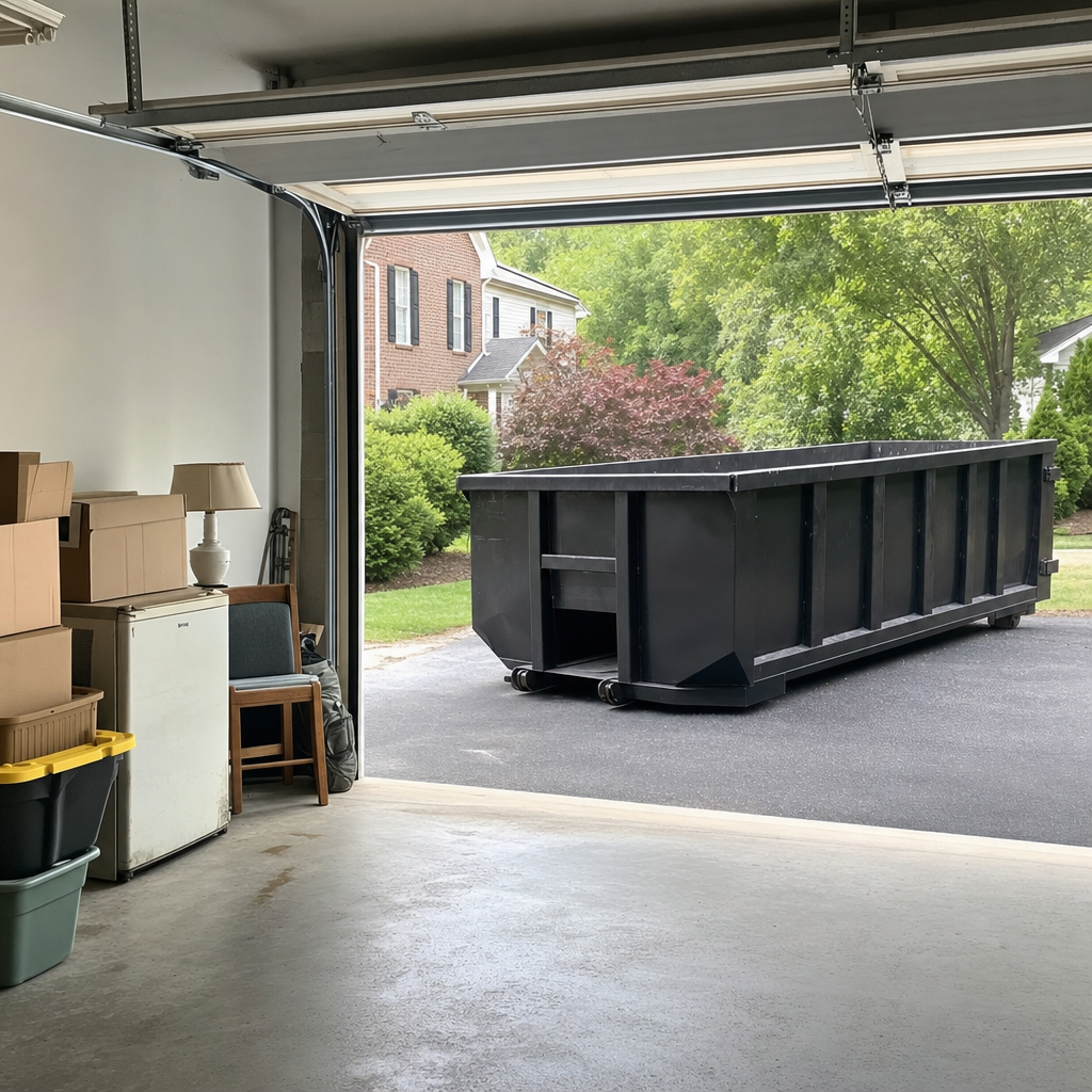 Open garage interior in a Port Arthur home mid-cleanout — boxed items, an old appliance, and stacked yard tools queued near the driveway for a matte-black roll-off dumpster, organized and calm