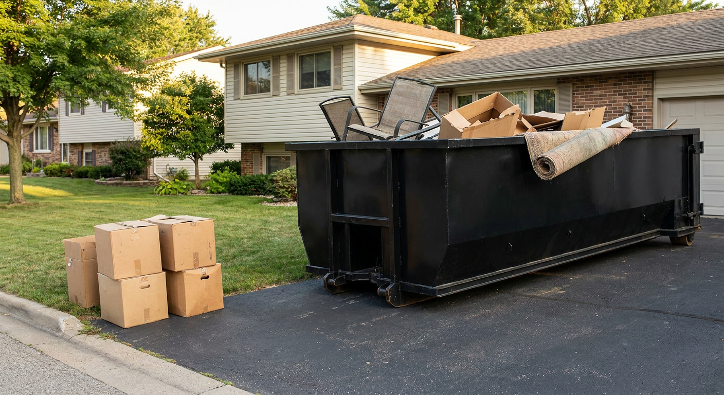 Front-yard view of a Port Arthur split-level home with a 20-yard matte-black roll-off dumpster sitting directly on the asphalt driveway, a few clearly labeled donation boxes staged at the curb, calm sunny afternoon.