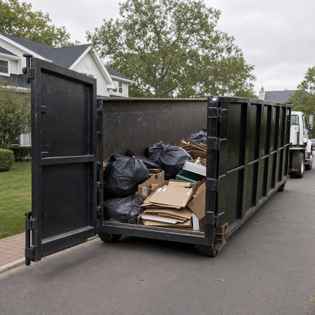 Mid-load view inside a residential roll-off dumpster — household furniture, boxed clutter, broken-down cardboard, and bagged yard debris stacked neatly through the open swing door, bright outdoor daylight