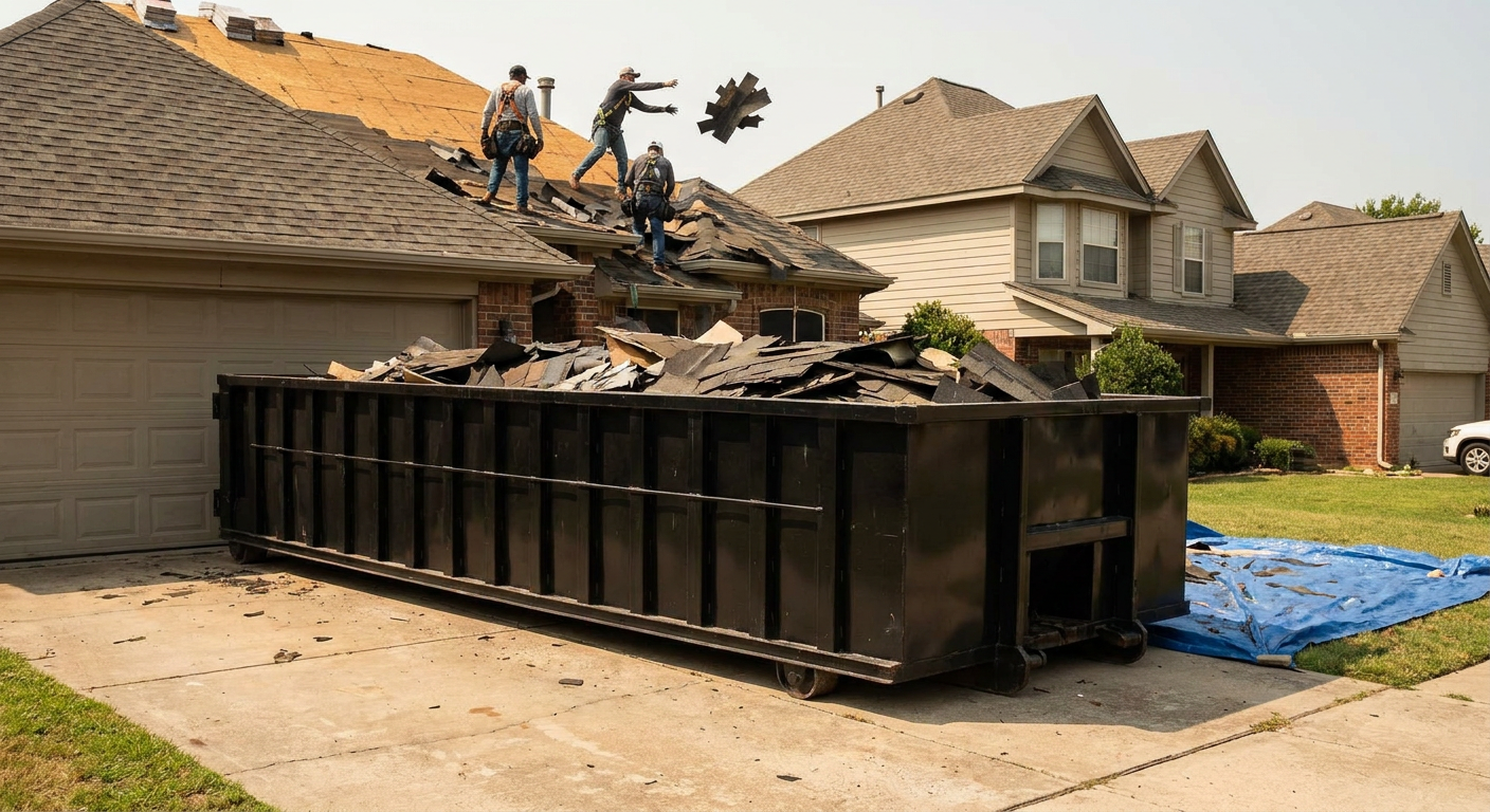 Matte-black roofing roll-off dumpster placed directly on a Port Arthur residential concrete driveway, a tear-off crew on a two-story asphalt-shingle roof tossing shingle bundles into the low-walled container, bright daylight, documentary 35mm perspective.