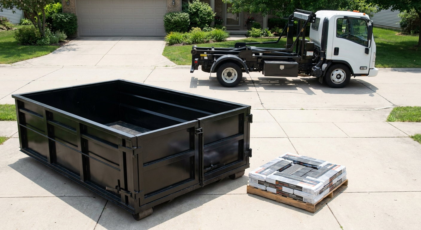 Matte-black 15-yard roofing roll-off dumpster with reinforced low side walls sitting directly on a Port Arthur residential concrete driveway, three-tab asphalt shingle bundles stacked nearby, an unmarked white hauler truck partially visible at the edge of the frame.