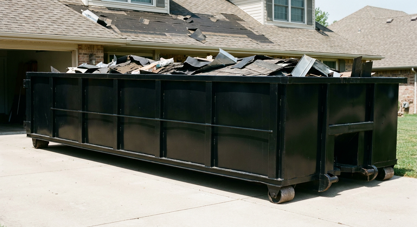 Matte-black 20-yard roofing roll-off dumpster with steel ribbed sides and swinging rear door, sitting directly on the concrete driveway of a two-story Port Arthur home, asphalt shingle debris being loaded over the low wall, clean documentary lighting.