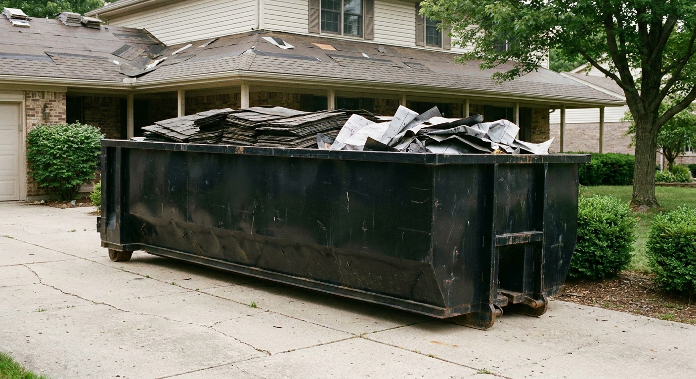 Matte-black 30-yard roofing roll-off dumpster sitting directly on a Port Arthur concrete driveway, taller ribbed steel side panels, mixed tear-off debris of asphalt shingles and underlayment inside, professional documentary daylight.