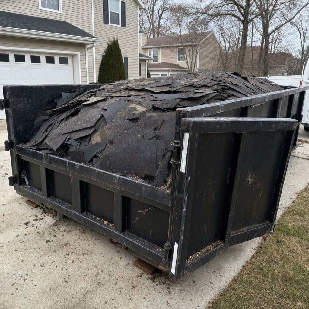 Close-up of stacked asphalt three-tab shingle tear-off debris inside a matte-black roofing roll-off dumpster, weathered steel rear door swung open showing the low-wall walk-in entry, bright outdoor light, clean documentary composition