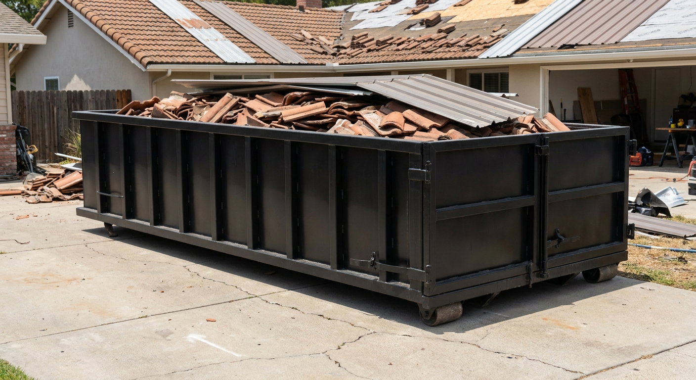 Matte-black low-wall heavy-debris roofing roll-off dumpster sitting directly on a Port Arthur concrete driveway, broken concrete clay roof tiles and metal panel sections loaded inside, reinforced ribbed steel side walls visible, bright outdoor daylight.