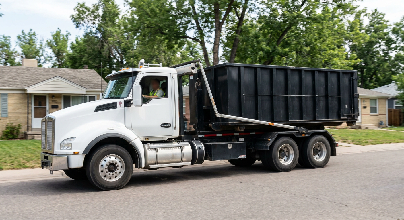 A wide documentary shot of a matte-black roll-off delivery truck pulling onto a quiet Port Arthur residential street at mid-morning, with neighborhood rooftops and tree-lined blocks visible behind, showing the metro coverage footprint.