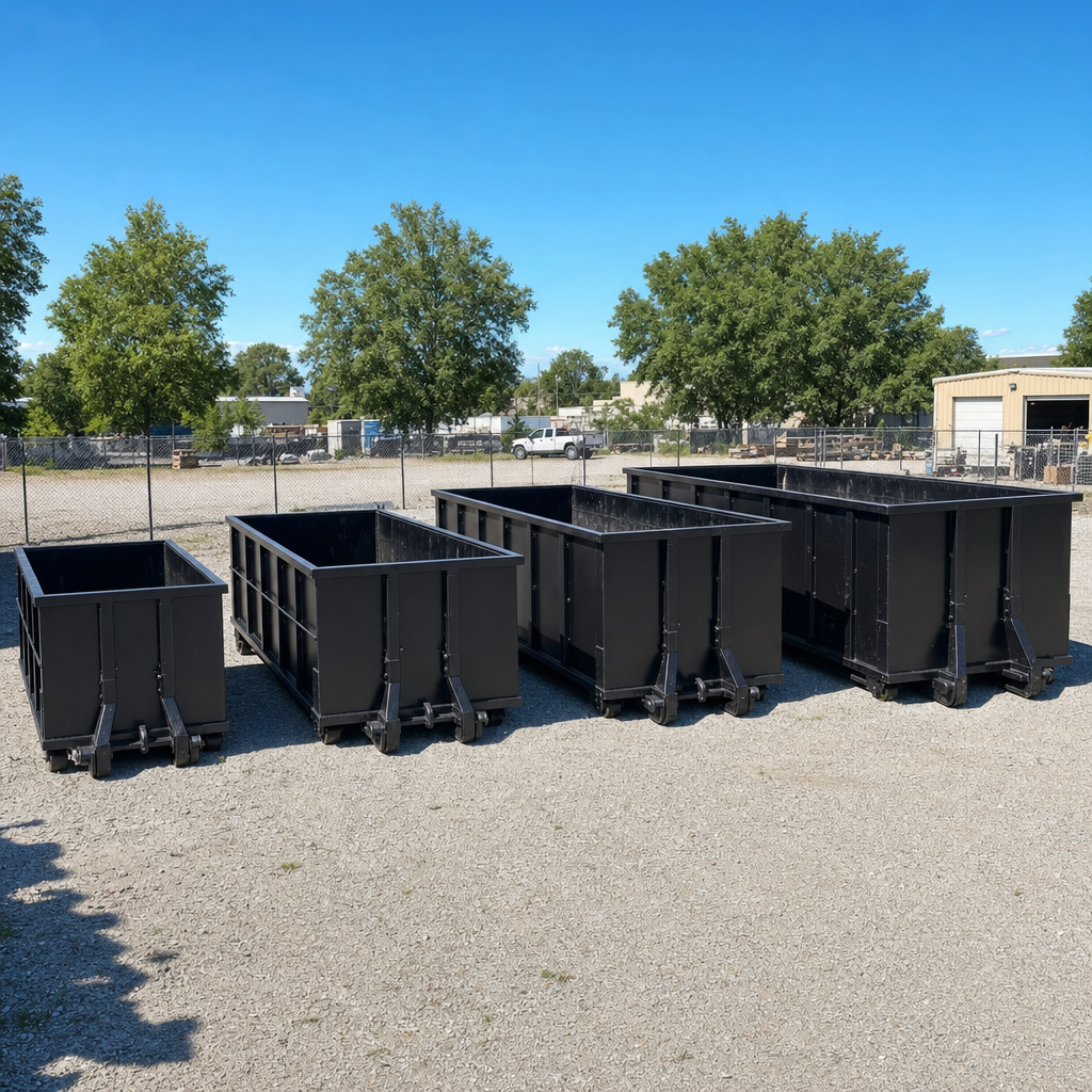 A clean lineup of matte-black roll-off dumpsters in 10, 20, 30, and 40-yard sizes staged on a sunlit gravel yard in Port Arthur, showing the size progression from compact to commercial-scale containers.