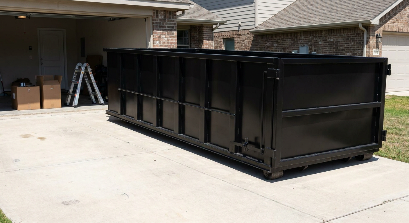A matte-black 10-yard roll-off dumpster sitting directly on a residential Port Arthur concrete driveway, mid-day sunlight, clean and ready for a garage cleanout.