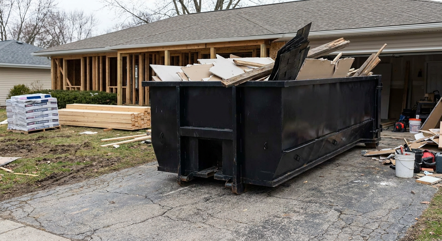 A matte-black 20-yard roll-off dumpster placed alongside a mid-renovation Port Arthur home directly on the asphalt driveway, with framing materials and torn-off shingles staged neatly nearby.