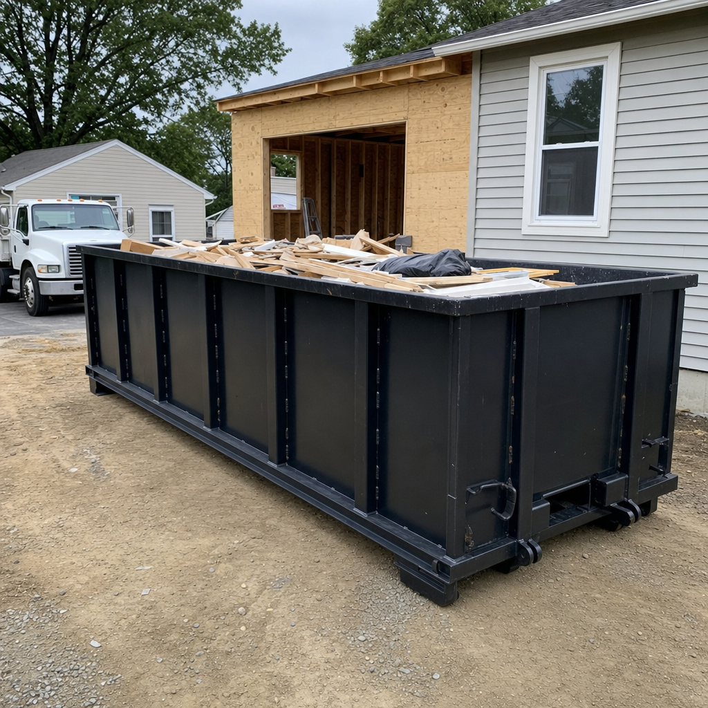 A matte-black 30-yard roll-off dumpster positioned at a Port Arthur residential addition jobsite, with framing lumber and drywall scraps loaded through the open swinging rear doors.