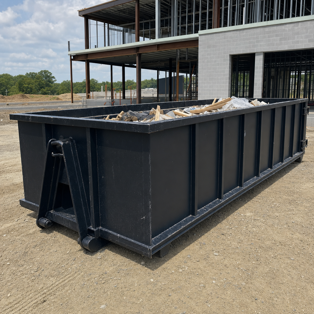 A matte-black 40-yard roll-off dumpster staged on a large Port Arthur commercial construction lot, with a hooklift delivery truck parked alongside under bright midday sky.