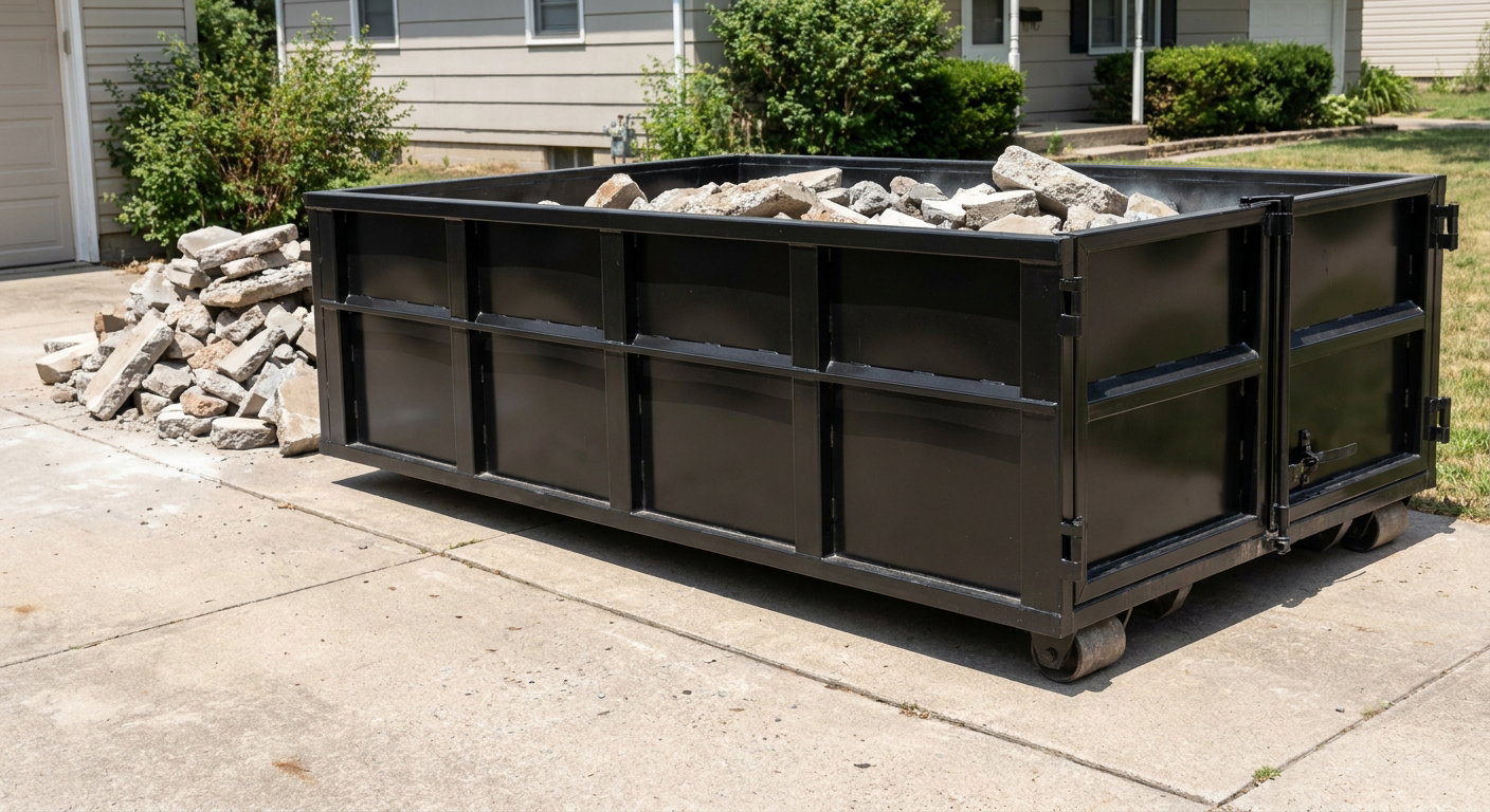 A matte-black low-side heavy-debris roll-off dumpster placed directly on a Port Arthur concrete driveway, with broken concrete chunks neatly stacked beside it under clean daylight.