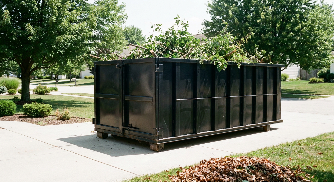 A matte-black 10-yard roll-off dumpster sitting directly on a residential concrete driveway, partially loaded with pruned branches and a small leaf pile, mature trees and a tidy front lawn in clean bright daylight.