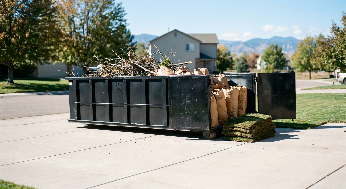A matte-black 15-yard roll-off dumpster sitting directly on a wide suburban concrete driveway, mid-loading with a mix of broken branches, leaf bags, and a small sod pile, neat lawn and a clear blue Front Range sky.