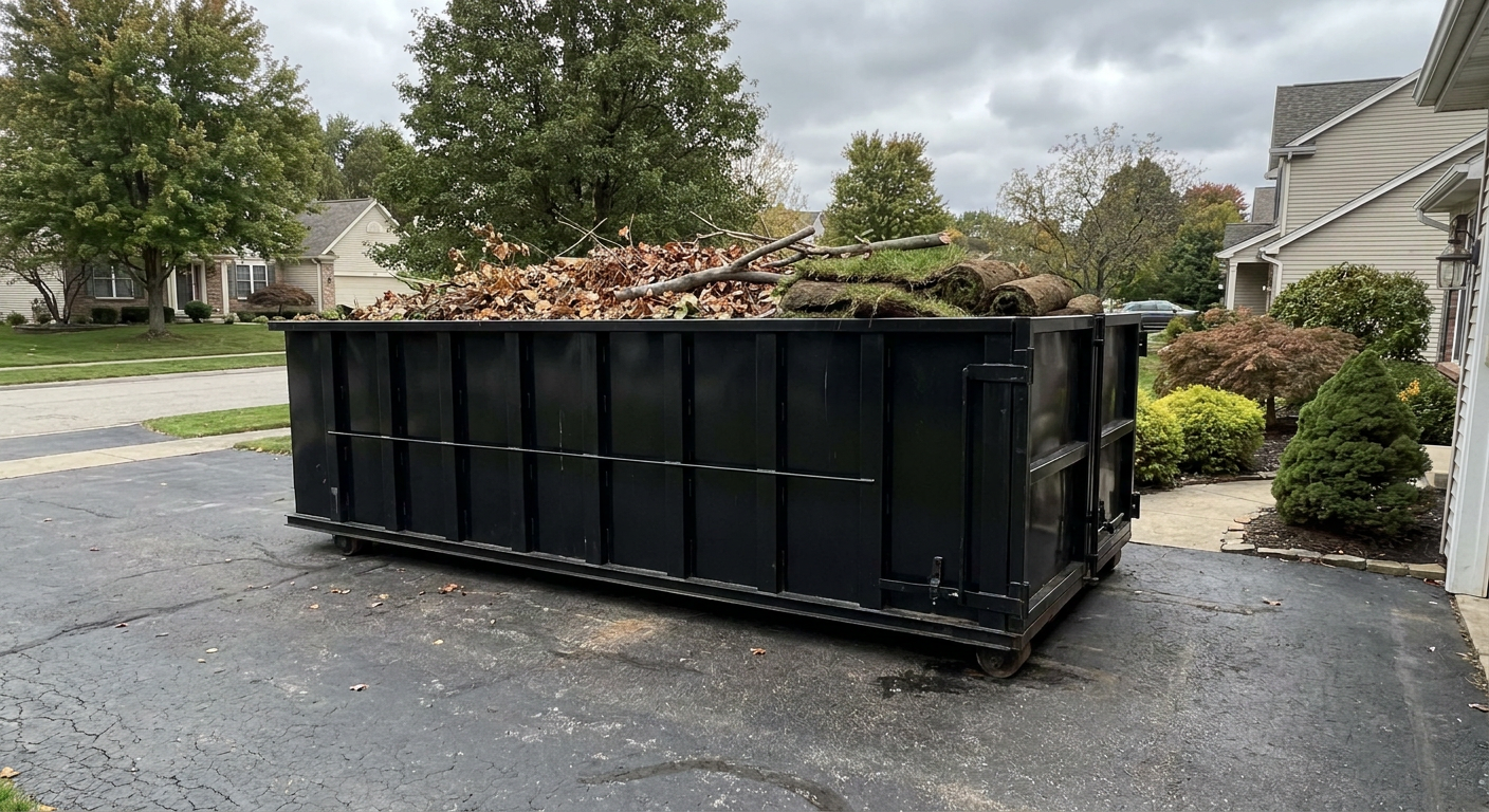 A matte-black 20-yard roll-off dumpster sitting directly on an asphalt driveway beside a landscaped property, filled to the rails with mixed branches, leaves, and rolled sod strips, organized job site with a clean swept driveway in soft documentary daylight.