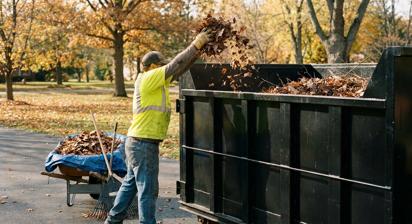 A worker in a high-visibility vest and gloves tosses a handful of dry leaves into the open top of a matte-black yard-waste dumpster on an autumn residential street, wheelbarrow with bagged leaves and a rake staged behind, mature deciduous trees in the background.